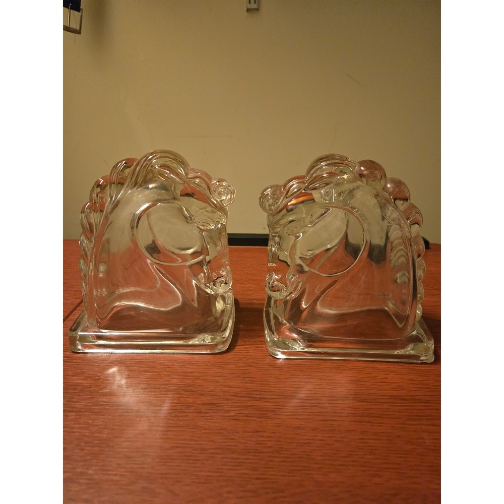 Vintage Clear Glass Horse Head Bookends Pair Equestrian Library Decor